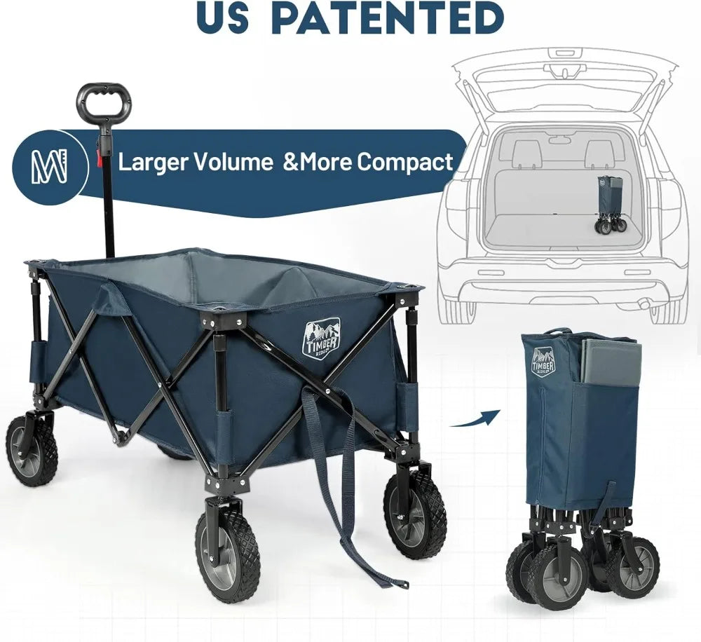 Collapsible Outdoor Folding Wagon Cart Heavy Duty Camping Patio Shopping Garden Cart with Side Bag Cup Holder Blue Large