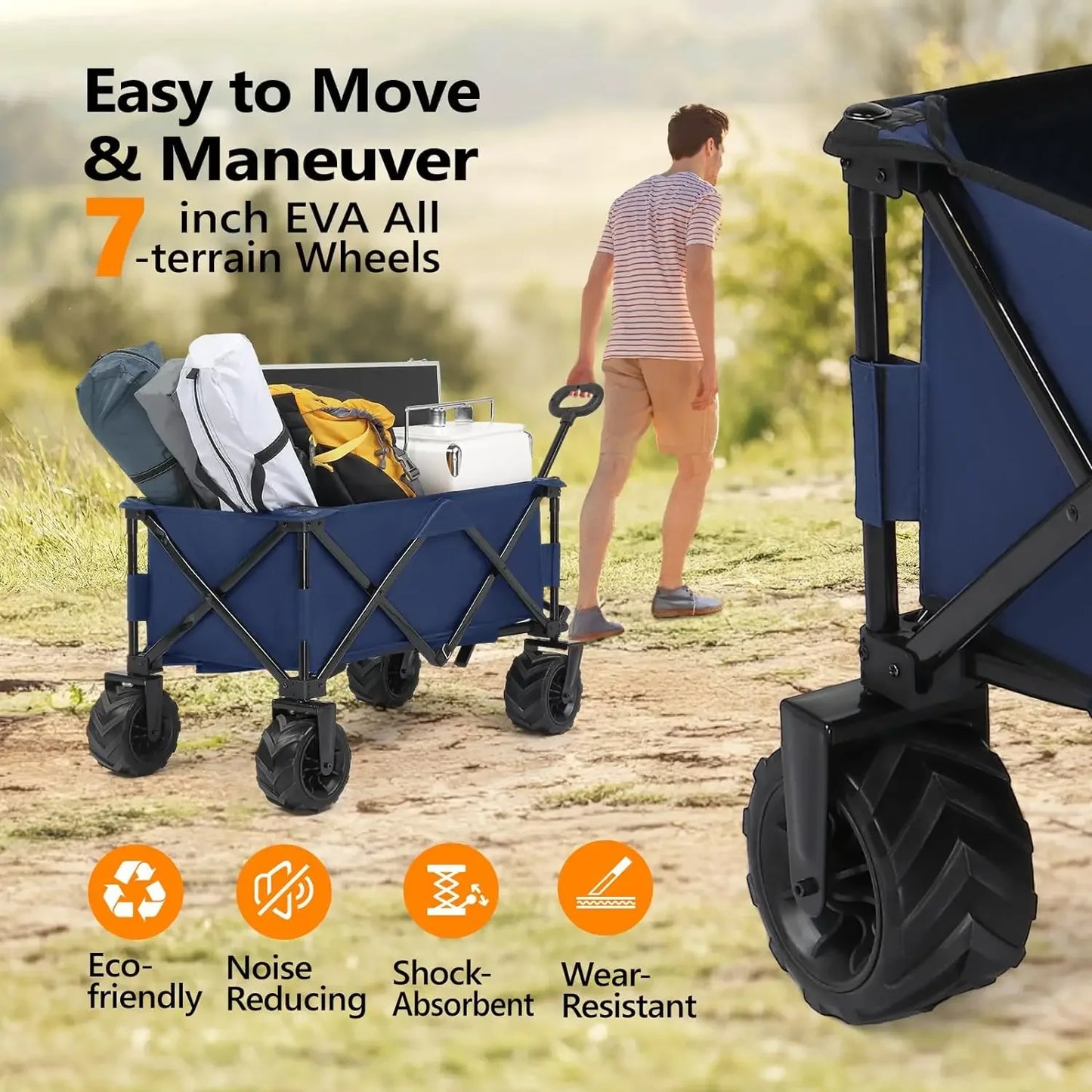 Collapsible Wagons Carts, Heavy Duty Foldable Utility Garden Grocery Shopping Cart w/ All-Terrain Beach Wheels & Drink Holders