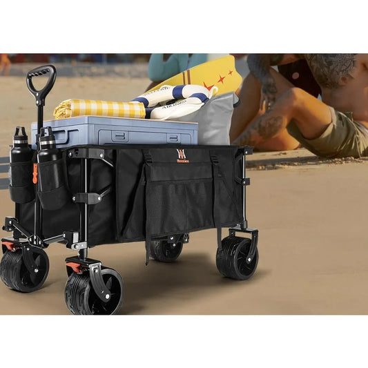 Collapsible Folding Wagon, Beach Wagon Cart Heavy Duty Foldable with Big Wheels, Utility Grocery Wagon with Side Pocket