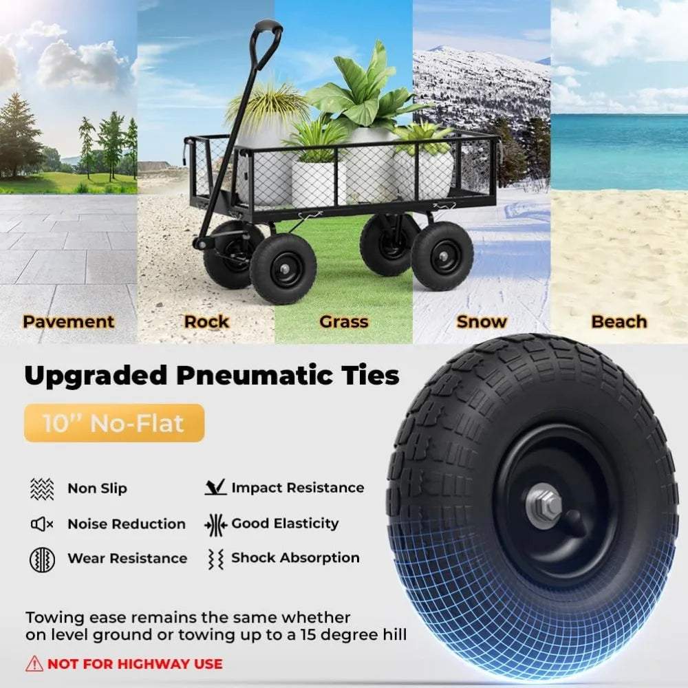 Garden Cart Utility Wagon Heavy Duty 660 lbs Yarn Cart Wagon Steel Mesh 10'' Flat Free Tire Dump Cart Removable Side