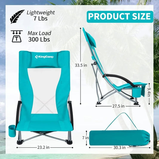 Folding Beach Chair for Adults High Back Lightweight Portable Backpack Chair with Cup Holder Pocket Headrest Carry Bag for