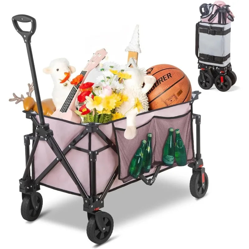 220LBS Heavy Duty Foldable Utility Garden Cart with All Terrain Wheels & Side Storage Bag, Portable Sports Wagon for Camping