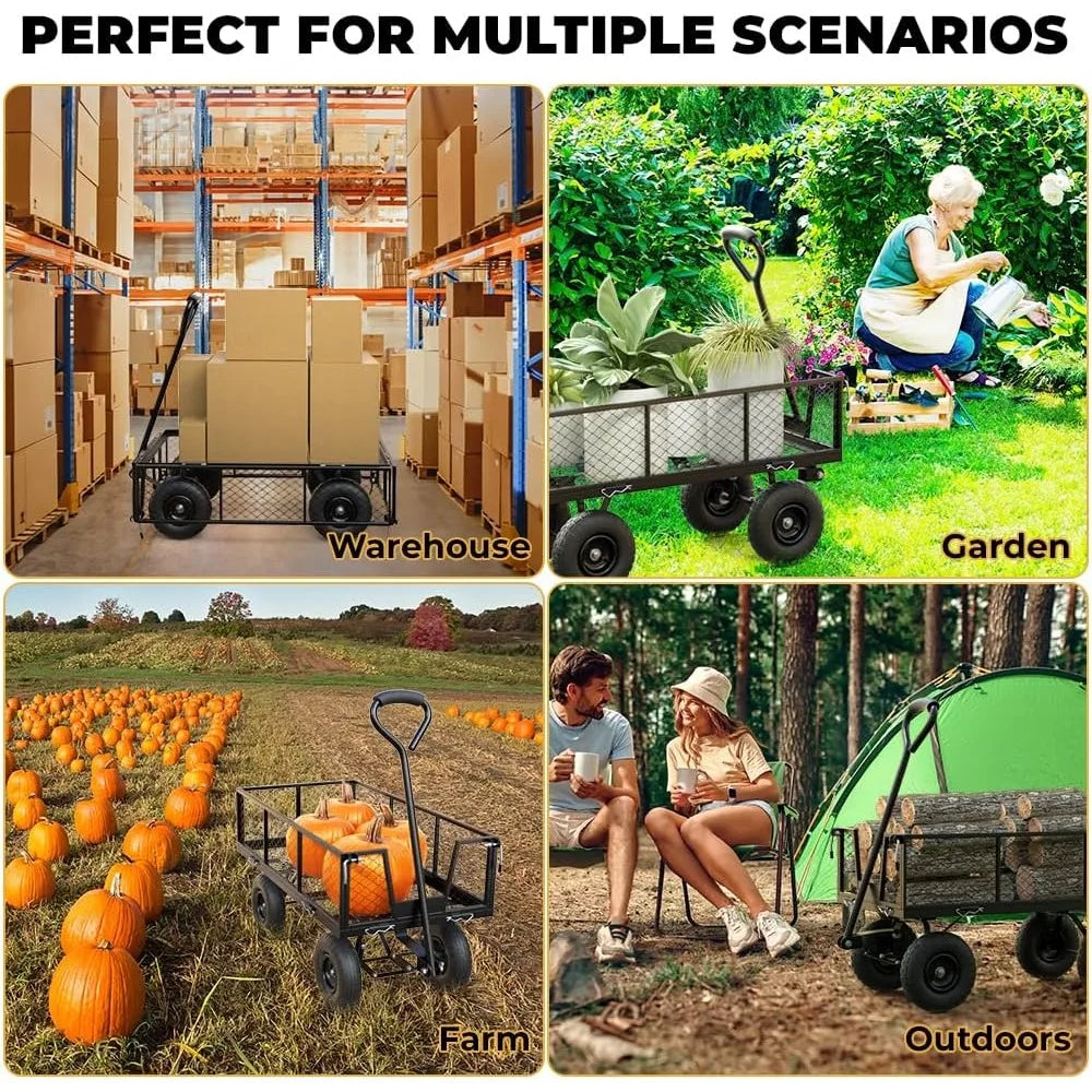 Garden Cart Utility Wagon Heavy Duty 660 lbs Yarn Cart Wagon Steel Mesh 10'' Flat Free Tire Dump Cart Removable Side