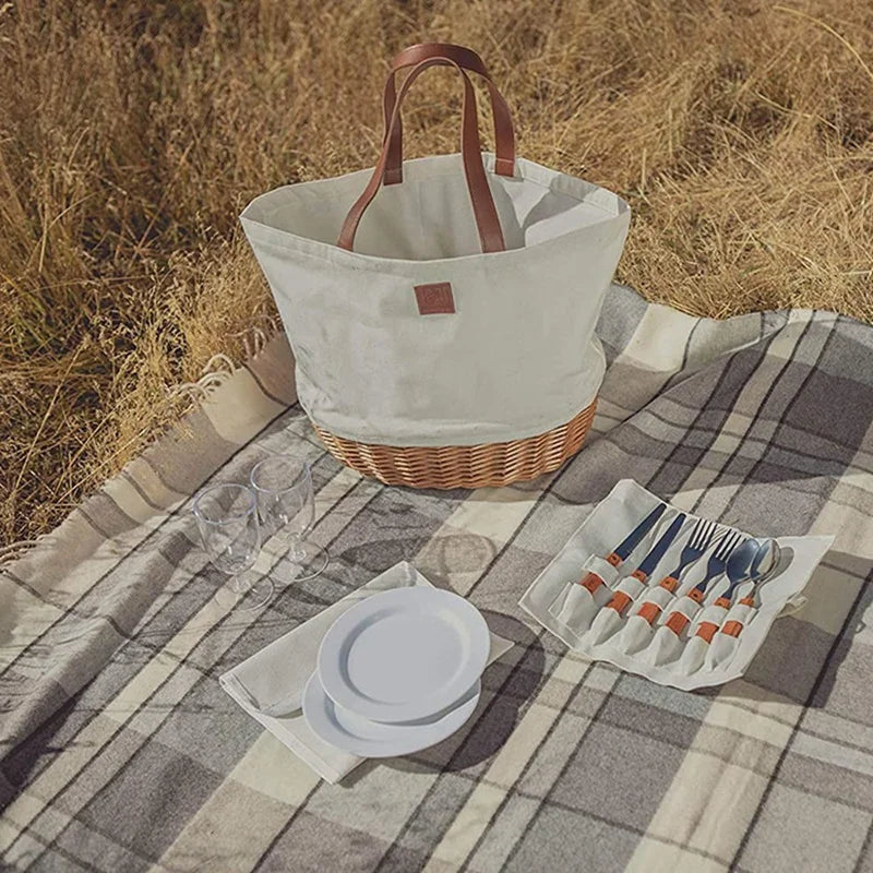 Picnic Basket,Picnic Tote Bag,Sturdy Woven Base & Canvas Beach Tote Bag