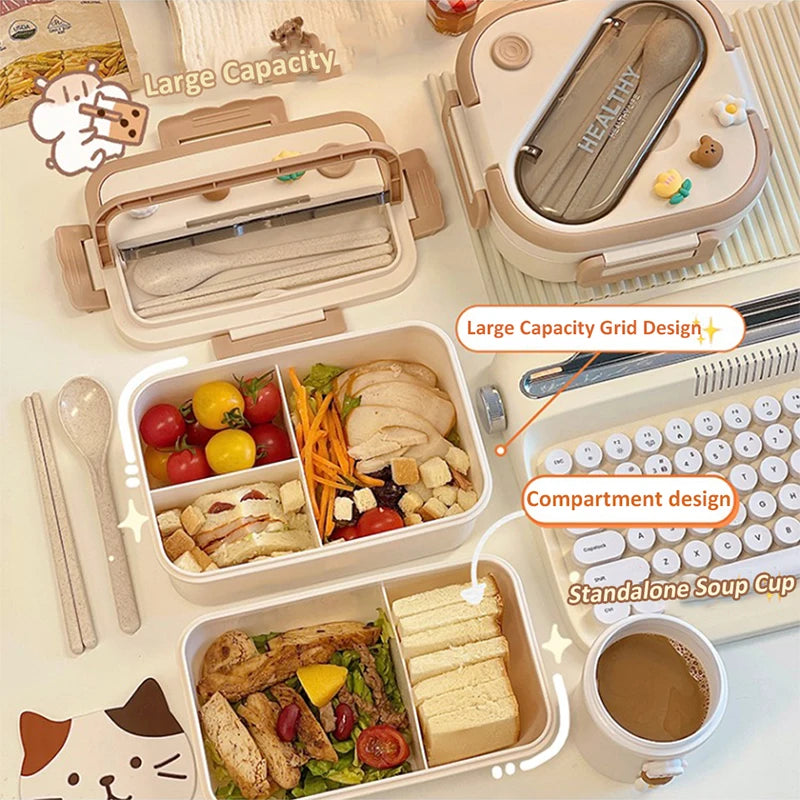 Simple Cute Portable Lunch Box With Compartment For Girls School Kids Plastic Picnic Bento Box Microwave Food Storage Containers