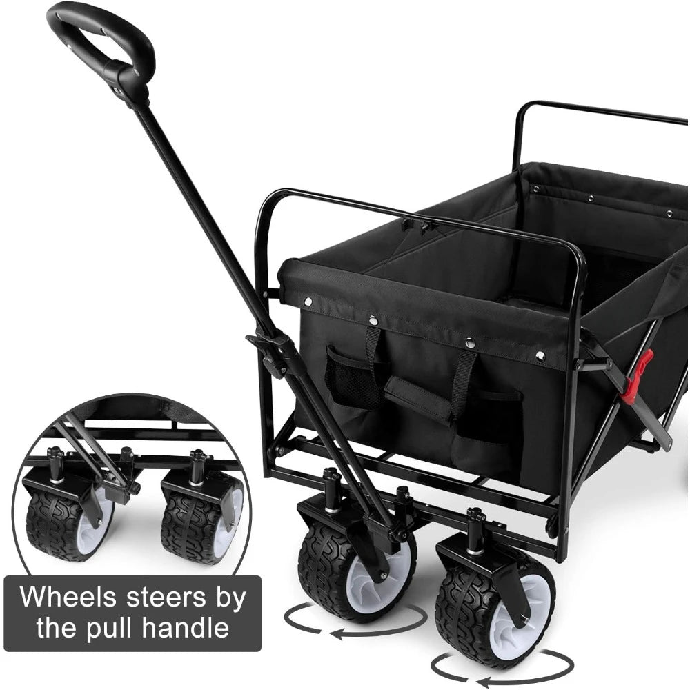 Folding Beach Wagon Cart 330 Pound Capacity Collapsible Utility Camping Grocery Canvas Portable Rolling Outdoor Garden
