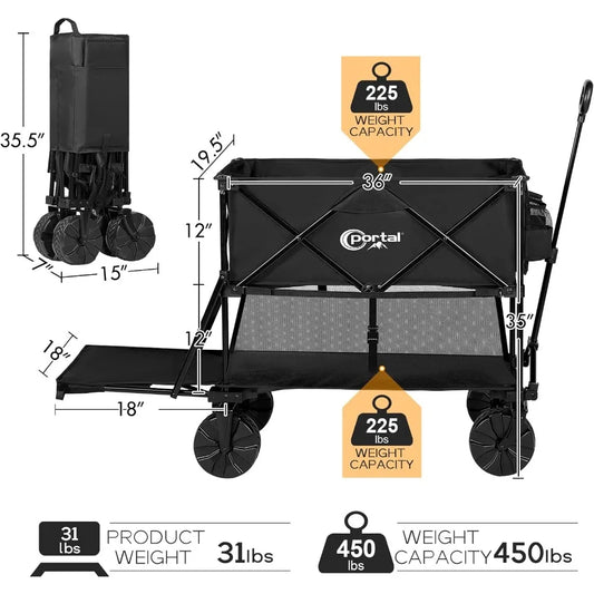 PORTAL Collapsible Double Decker Wagon, Folding Wagon Cart with Tailgate, Beach Wagon with Big Wheels, 450LB Heavy Duty Foldable