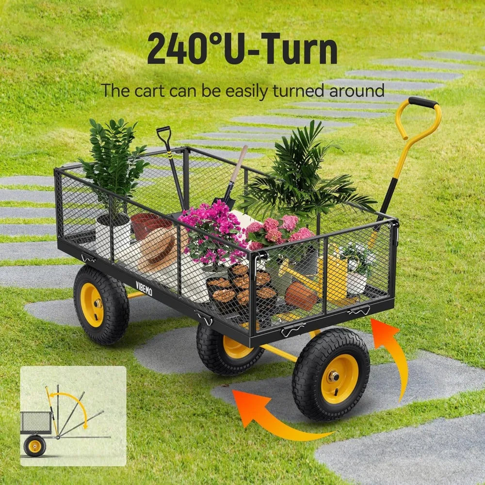 Steel Garden Cart, 2-in-1 1400 lbs Heavy Duty Utility Wagon, with Removable Mesh Sides to Convert into Flatbed, 240° U-Turn 13"