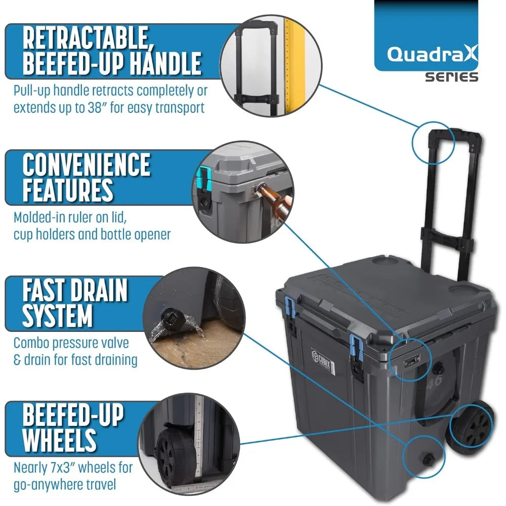QuadraX 46QT Wheeled Rotomolded Portable Hard Cooler for Camping, Fishing, Beach | Heavy Duty Insulated Ice Chest