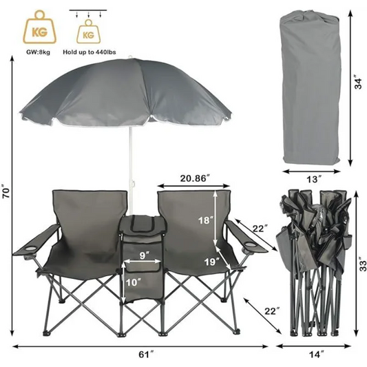 Double Folding Camping Chair W/Umbrella Fold Up Table Beverage Holder Carrying Bag Cooler for Patio Pool Park Outdoor