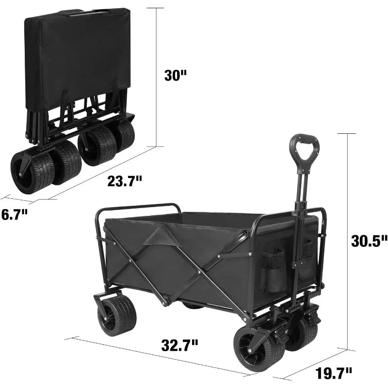 Folding Wagon Carts With Adjustable Handle/collapsible Beach Wagon with Big Wheels for Sand, 220lbs Capacity