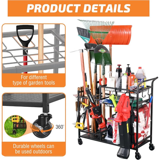 Garden Tool Organizer with Wheels, Garden Tool Rack, Yard Tool Holder for Rakes, Shovel, Fertilizer, Garden Storage