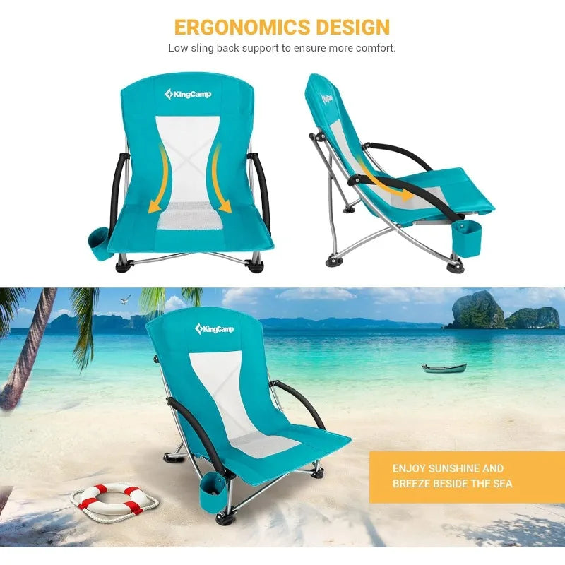 KingCamp Low Folding Beach Chairs for Adults,Portable Lightweight Lowback Sling Chair with Headrest,Cup Holder,Carry Bag Armrest