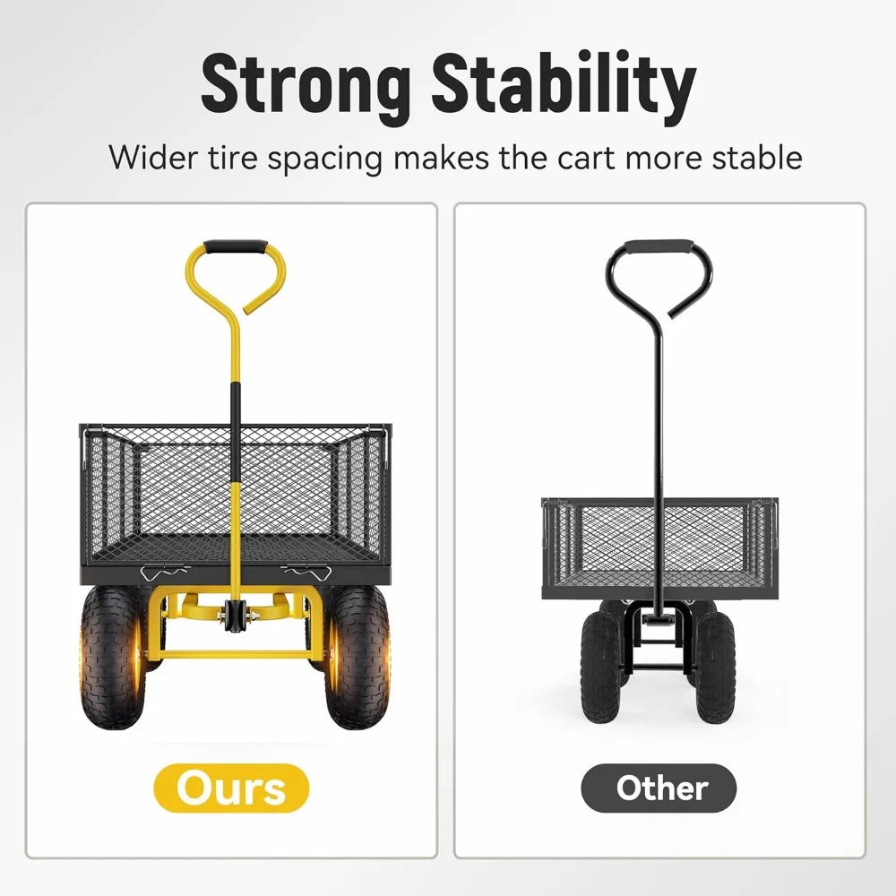 Steel Garden Cart, 2-in-1 1400 lbs Heavy Duty Utility Wagon, with Removable Mesh Sides to Convert into Flatbed, 240° U-Turn 13"