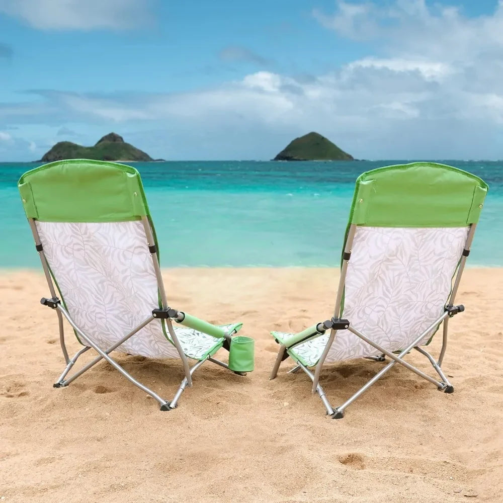 Low Beach Chairs for Adults 2 Pack, High Back Folding Beach Chairs, and Portable for Outdoor,  with Cup Holder and Carry Bag
