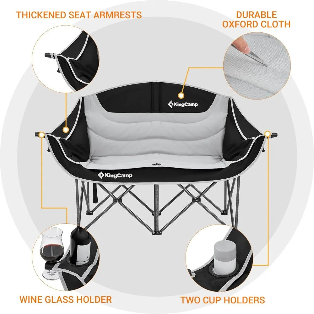 Double Camping Chair Oversized Loveseat Camping Couch Heavy Duty Outdoor Folding Chair with Cup Holder Wine Glass Holde