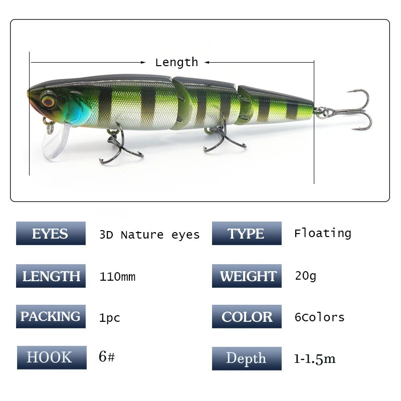 JEKEKU New 3 Sections Minnow Lure110m20g Swimbait Jointed Sinking Fishing Lure Diving Multi Jointed Bait for Trout Bass Pike