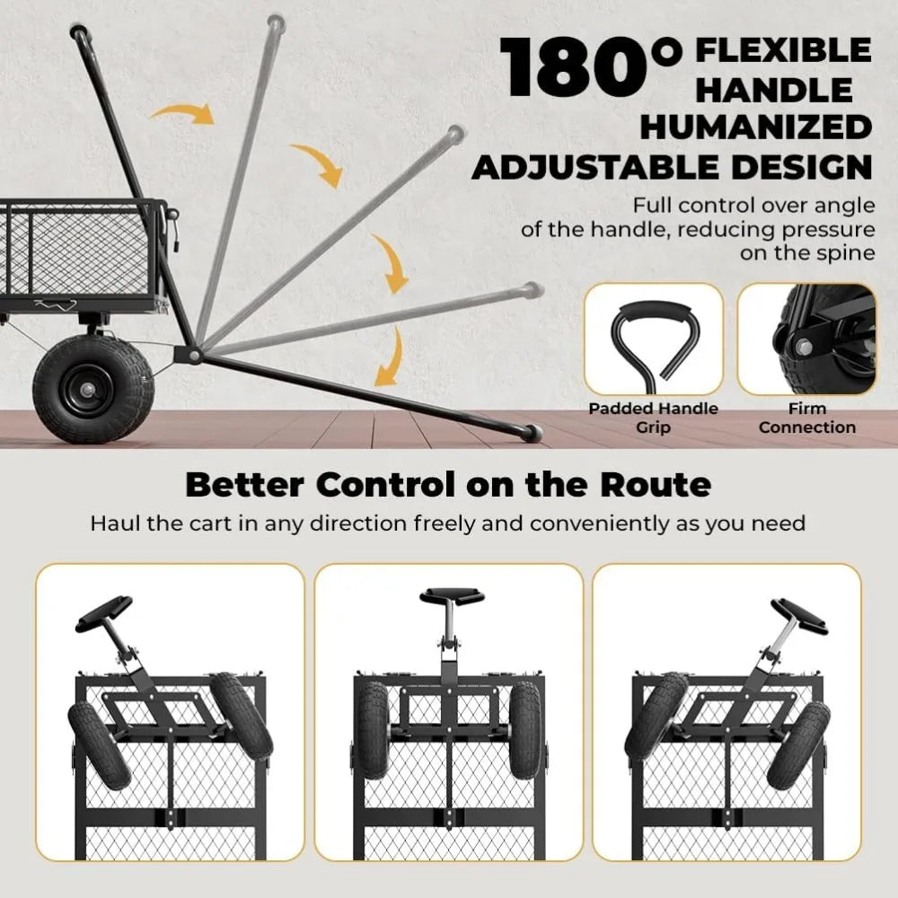Garden Cart Utility Wagon Heavy Duty 660 lbs Yarn Cart Wagon Steel Mesh 10'' Flat Free Tire Dump Cart Removable Side