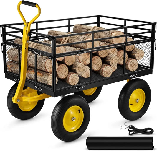 VEVOR Steel Garden Cart, Heavy Duty 1400 lbs Capacity, with Removable Mesh Sides to Convert into Flatbed, Utility Metal Wagon