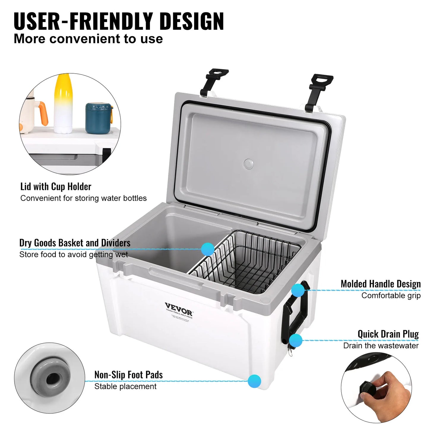 VEVOR 25/33/45/52QT Portable Hard Cooler Fully Insulated Ice Chest Cooling Box Goods Basket for Beach Outdoor Camping Travel