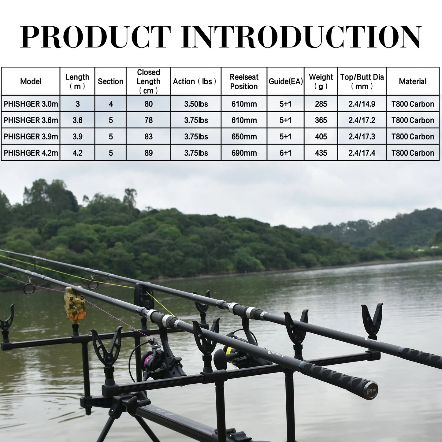 PHISHGER Fuji Carp Fishing Rod 3.75lbs 4.2/3.9/3.6/3.0m T800 Carbon Fibre Power 40-180g Travel Surf Throwing Spinning Hard Pole