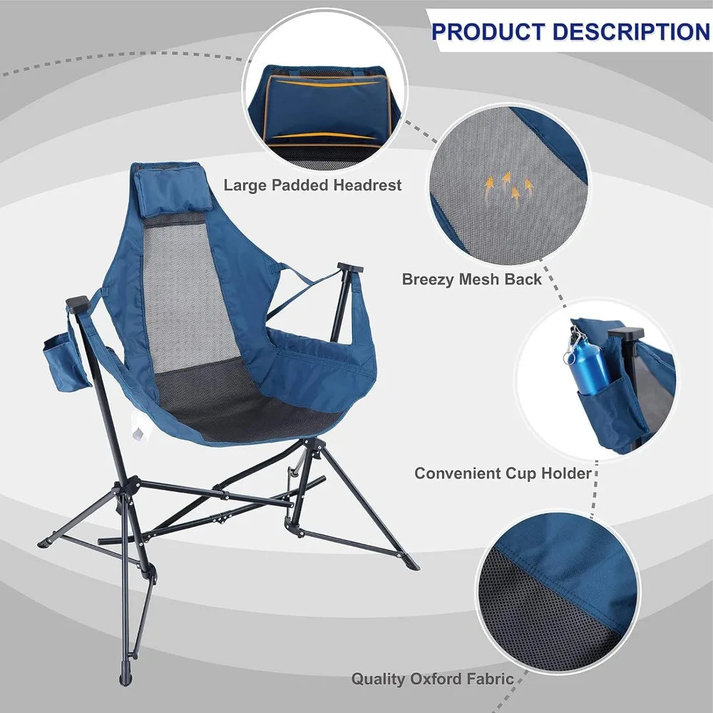 Hammock Chair Portable Camping Chair Oversized Folding Rocking Chair with Headrest and Cup Holder for Travel, Picnic