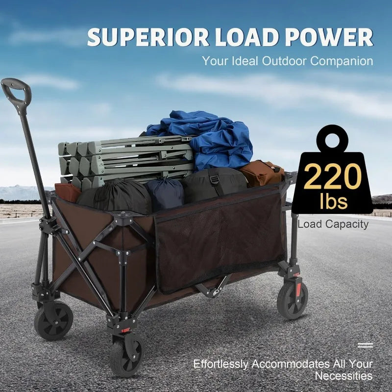 220LBS Heavy Duty Foldable Utility Garden Cart with All Terrain Wheels & Side Storage Bag, Portable Sports Wagon for Camping