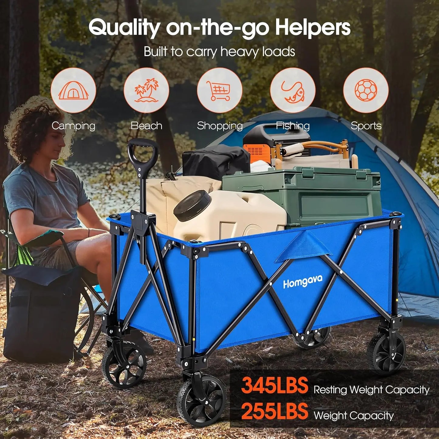 190L Collapsible Folding Wagon Cart 345LBS Large Capacity Camping  All Terrain Foldable Heavy Duty Utility Wagon Cart