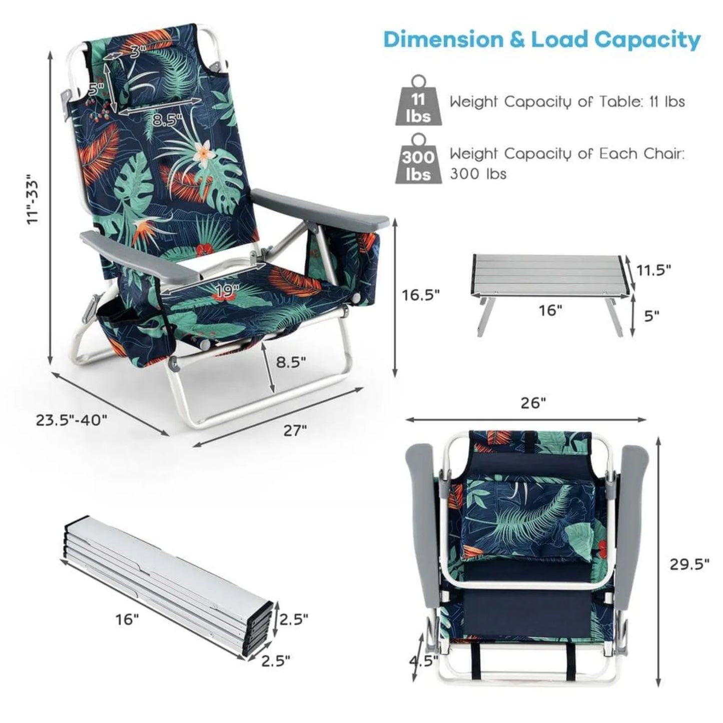 US Coconut tree Metal Folding Backpack Beach Chair Table Set 5-Position Outdoor Reclining Chair Printed, 2-Pack