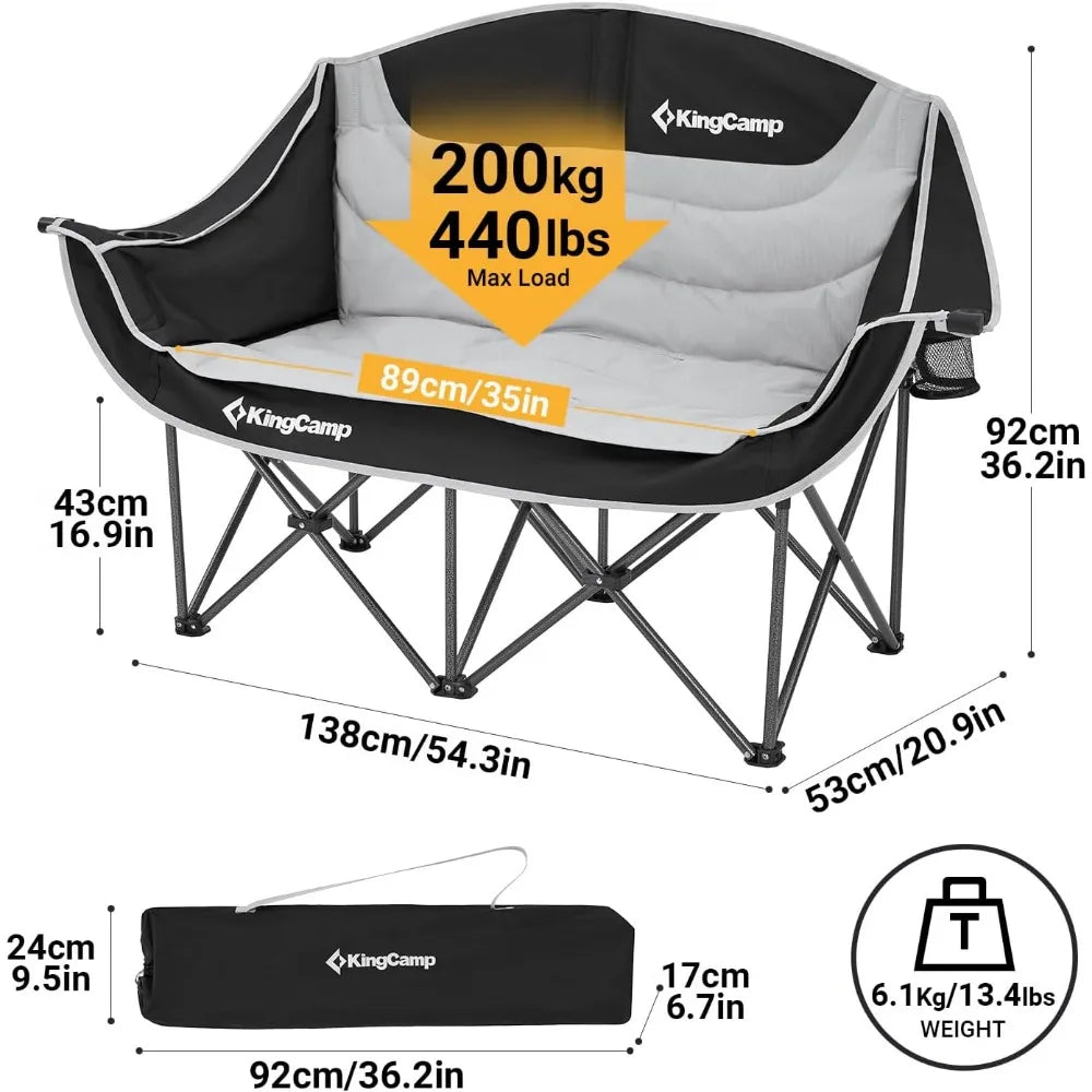 Double Camping Chair Oversized Loveseat Camping Couch Heavy Duty Outdoor Folding Chair with Cup Holder Wine Glass Holde