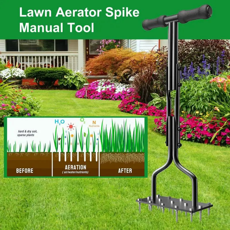 Garden Lawn Aerator Multi-Functional Lawn Yard Garden Care Tool Sturdy Aerator Lawn Tool with 15 Iron Spikes Lawn Aerator Spike