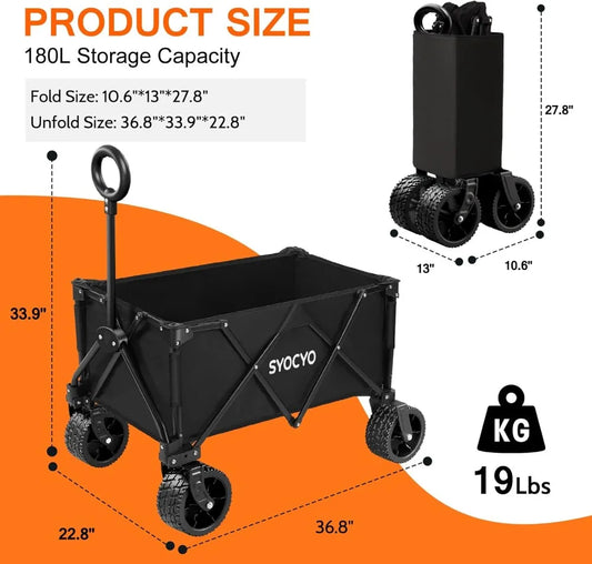 Collapsible Foldable Wagon Cart with 330lbs Weight Capacity All-Terrain Wheels for Garden Camping Sports Shopping Black