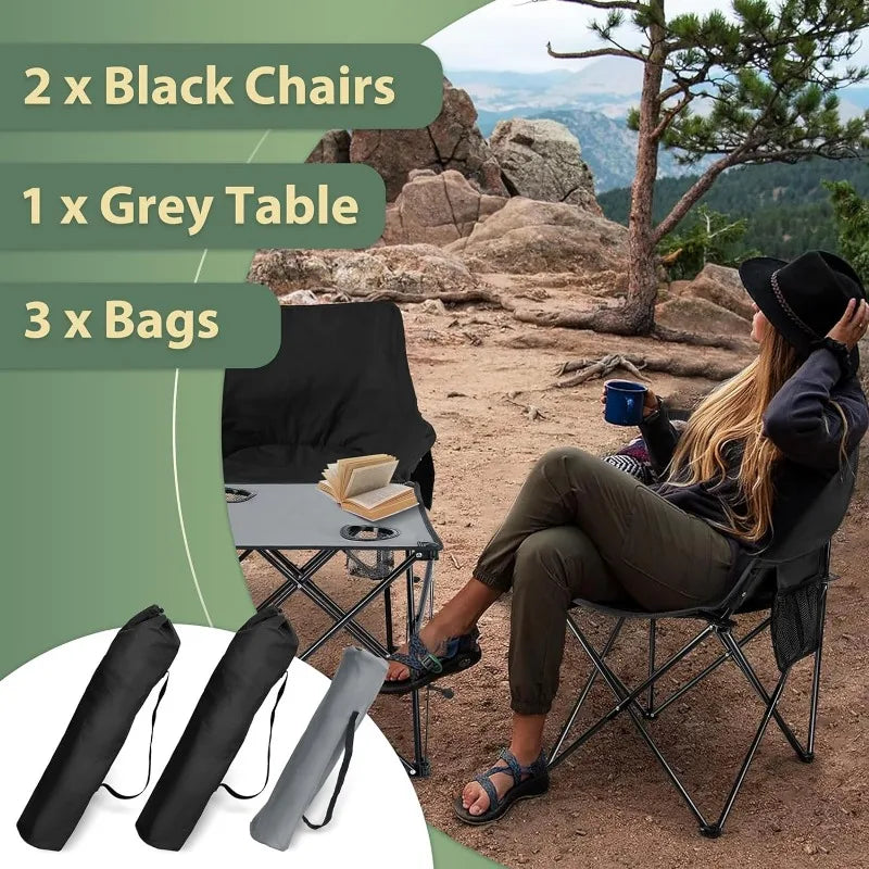 Camping Chairs Set for Adults, 2 Black Folding Moon Chair & 1 Lightweight Camp Table, with Side Pockets & Cup Holders