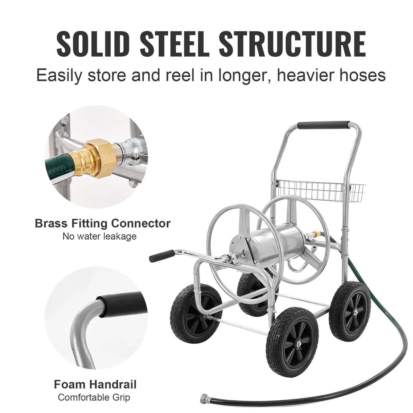 VEVOR Hose Reel Cart 250 ft of 5/8’’ Hose, Garden Water Hose Carts Mobile Tools with Storage Basket for Garden, Yard, Lawn