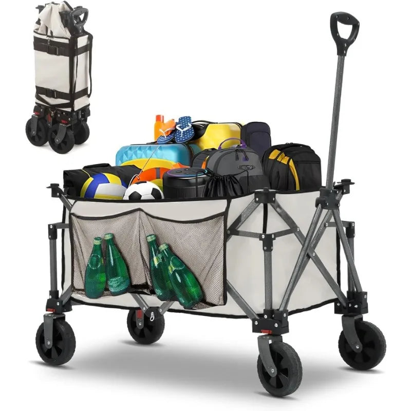 220LBS Heavy Duty Foldable Utility Garden Cart with All Terrain Wheels & Side Storage Bag, Portable Sports Wagon for Camping