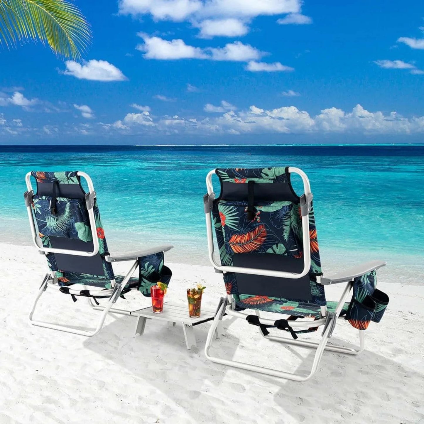 US Coconut tree Metal Folding Backpack Beach Chair Table Set 5-Position Outdoor Reclining Chair Printed, 2-Pack