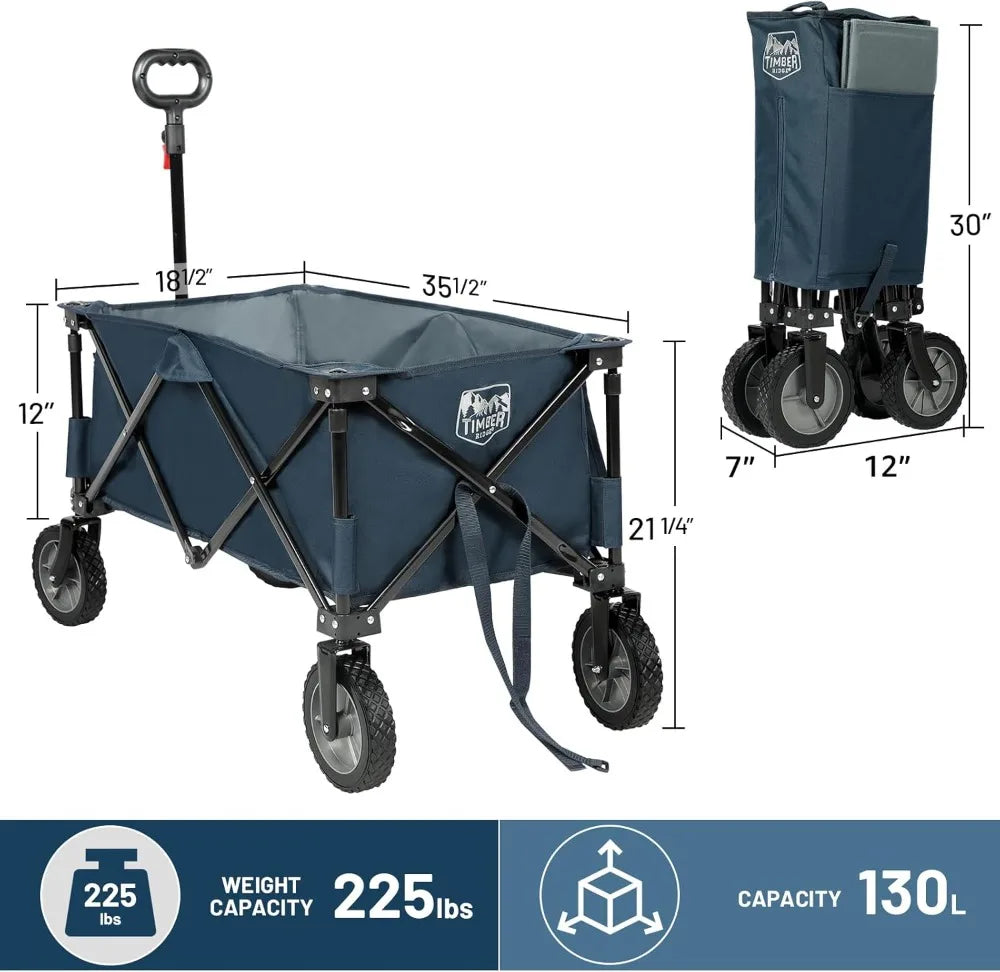 Collapsible Outdoor Folding Wagon Cart Heavy Duty Camping Patio Shopping Garden Cart with Side Bag Cup Holder Blue Large