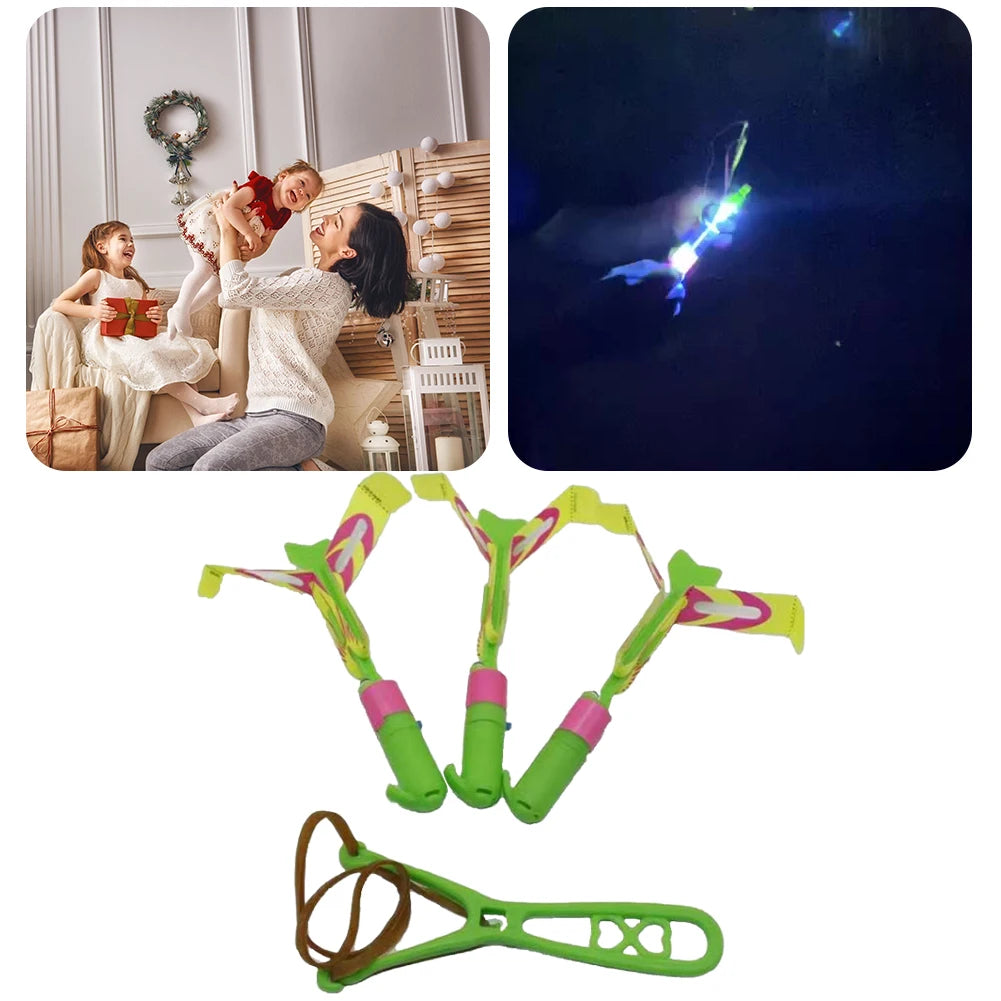 Glow in Dark Rocket Helicopter Toys with LED Lights 10Pcs LED Arrow Helicopters + 10Pcs Launchers for Kids Outdoor Camping Games