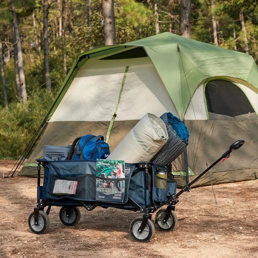 Collapsible Outdoor Folding Wagon Cart Heavy Duty Camping Patio Shopping Garden Cart with Side Bag Cup Holder Blue Large