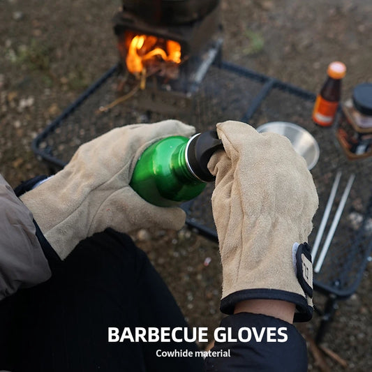 Leather Picnic BBQ Gloves Heat Resistant Barbecue Grill Cooking Protective Gloves Anti-scald Heat-Insulated Outdoor Camping Tool
