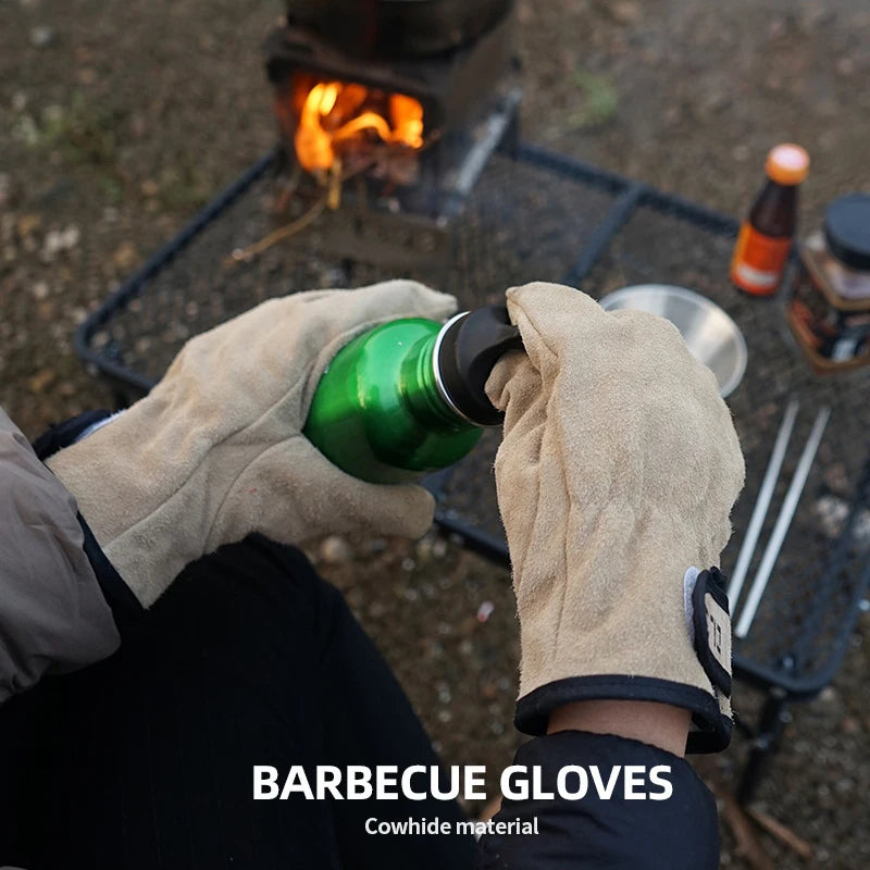 Leather Picnic BBQ Gloves Heat Resistant Barbecue Grill Cooking Protective Gloves Anti-scald Heat-Insulated Outdoor Camping Tool