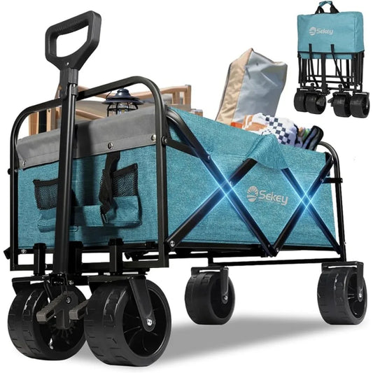 Heavy Duty Foldable Wagon with 330lbs Weight Capacity  Folding Utility Garden Cart with  All-Terrain Beach Wheels  Drink Holders