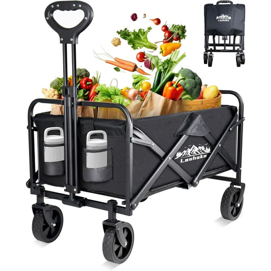 Collapsible Wagon Carts Foldable, Heavy Duty Beach Folding Wagon Cart with Wheels, Large Capacity Portable Utility Grocery