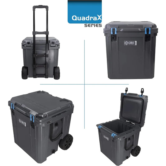 QuadraX 46 Quart Wheeled Rotomolded Portable Hard Cooler for Camping, Fishing, Beach | Heavy Duty Insulated Ice Chest