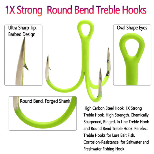 Bimoo 10PCS High Carbon Steel Treble Hooks Fluorescent/Luminous Treble Hook Saltwater Freshwater Fishing Lures Bait Lure Fishing