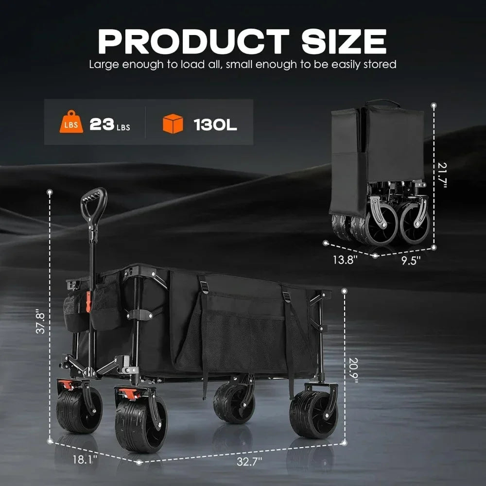 Collapsible Folding Wagon, Utility Grocery Wagon with Side Pocket and Brake, Beach Wagon Cart Heavy Duty Foldable, Garden Carts