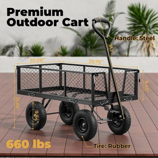 Garden Cart Utility Wagon Heavy Duty 660 lbs Yarn Cart Wagon Steel Mesh 10'' Flat Free Tire Dump Cart Removable Side