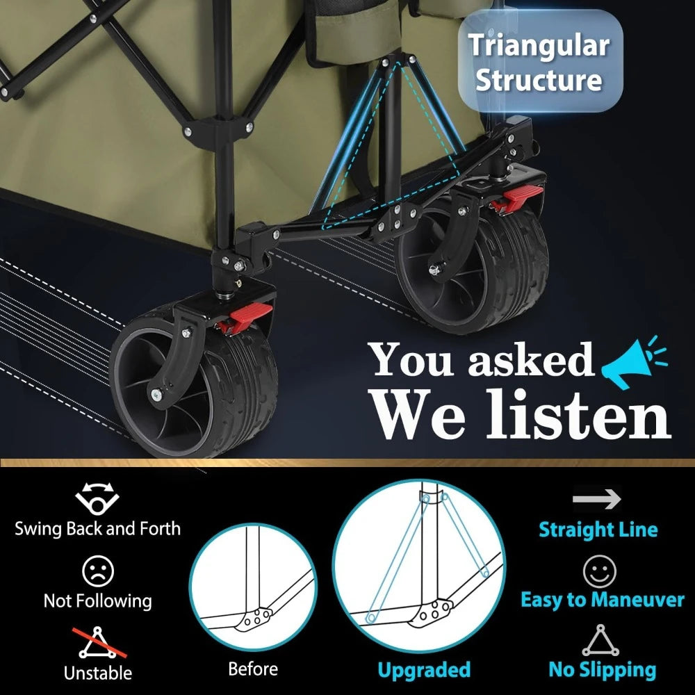 Camping Wagon Heavy Duty Folding Utility Garden Cart With Big All-Terrain Beach Wheels and Drink Holders. Trolley Hand Carts