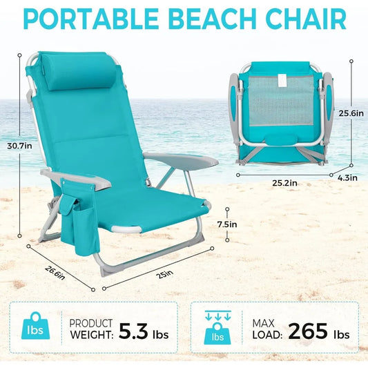 Beach Chair for Adults,Arm Rest 4Position AluminumLightweight with Shoulder Strap,Cup Holder and Padded Headrest,Supports 265lbs