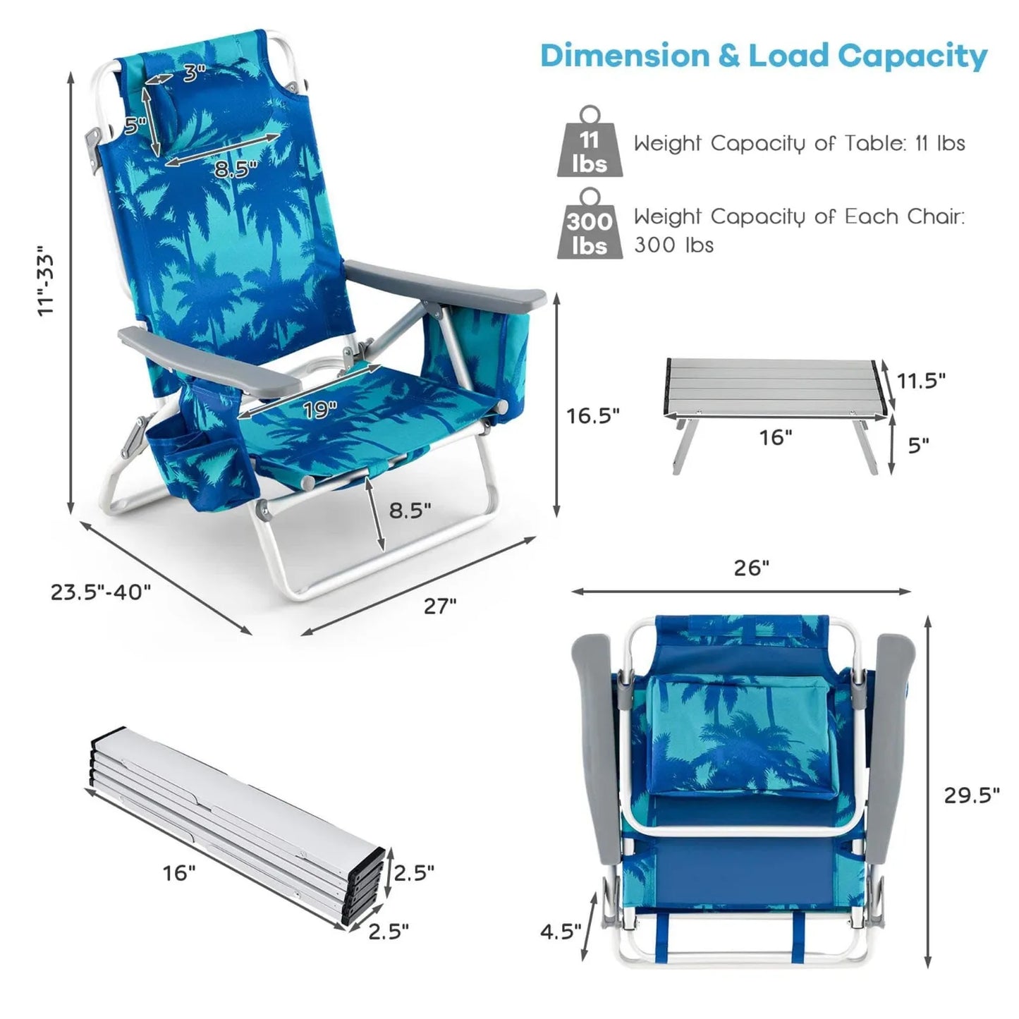 US Coconut tree Metal Folding Backpack Beach Chair Table Set 5-Position Outdoor Reclining Chair Printed, 2-Pack